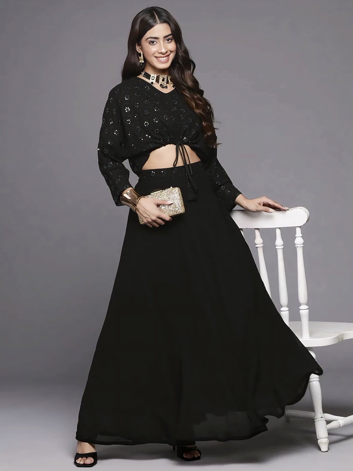 Black Embroidered Georgette Crop Top Lehenga with Full Sleeves
