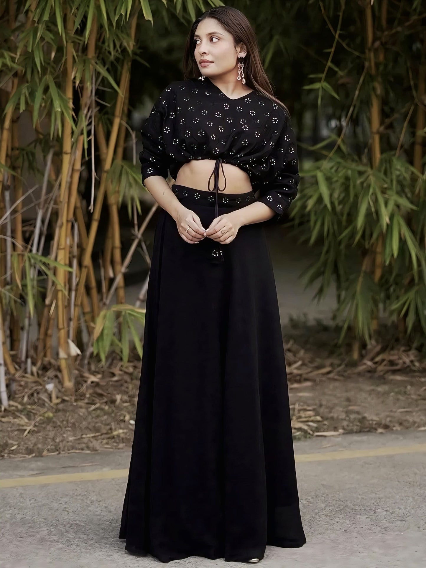 Black embroidered georgette crop top lehenga for festive wear