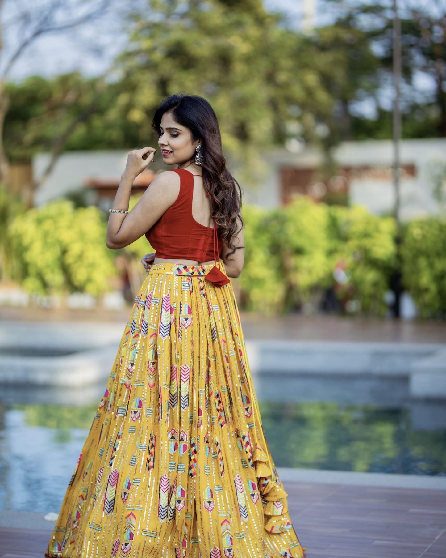 Red Velvet Blouse with Mustard Yellow Embroidered Lehenga