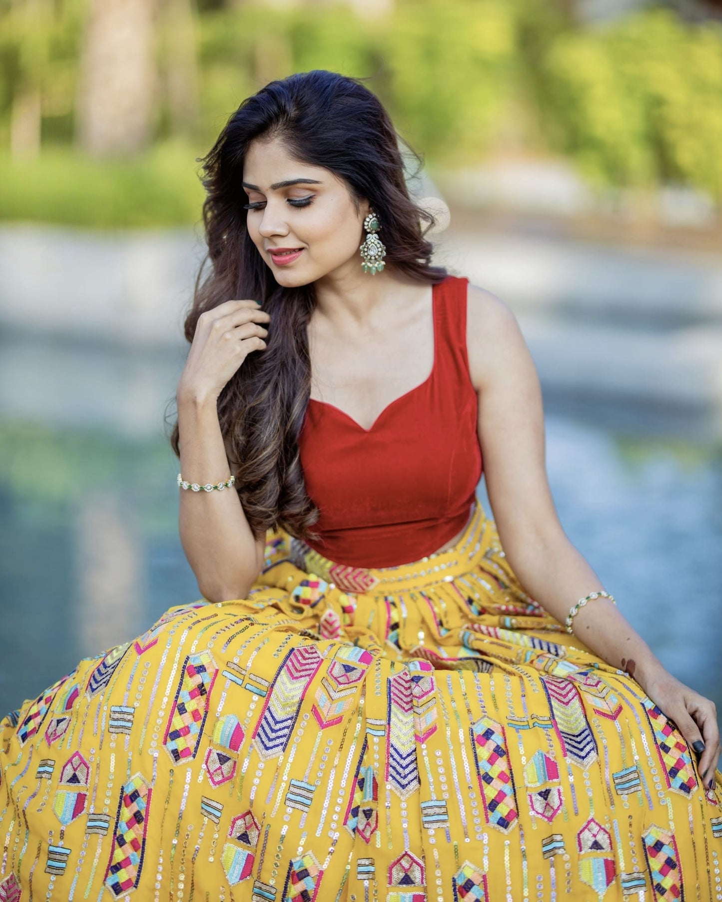 Red Velvet Blouse with Mustard Yellow Embroidered Lehenga