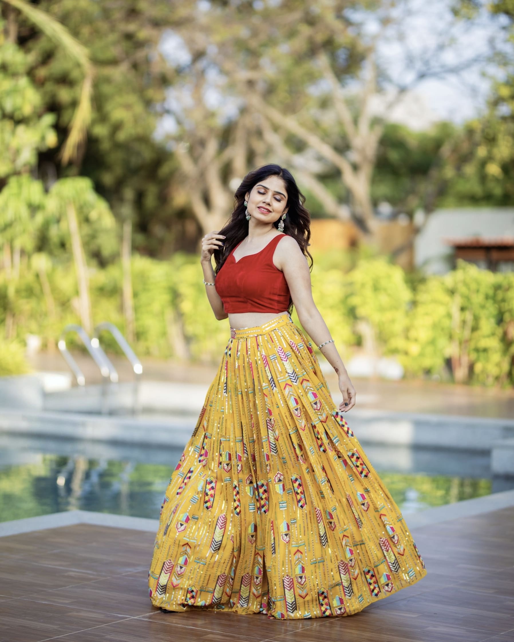 Embroidered lehenga with red velvet blouse for women