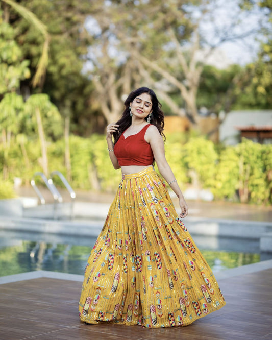 Embroidered lehenga with red velvet blouse for women