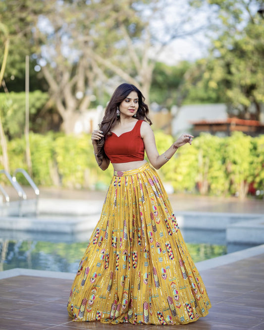 Red Velvet Blouse with Mustard Yellow Embroidered Lehenga