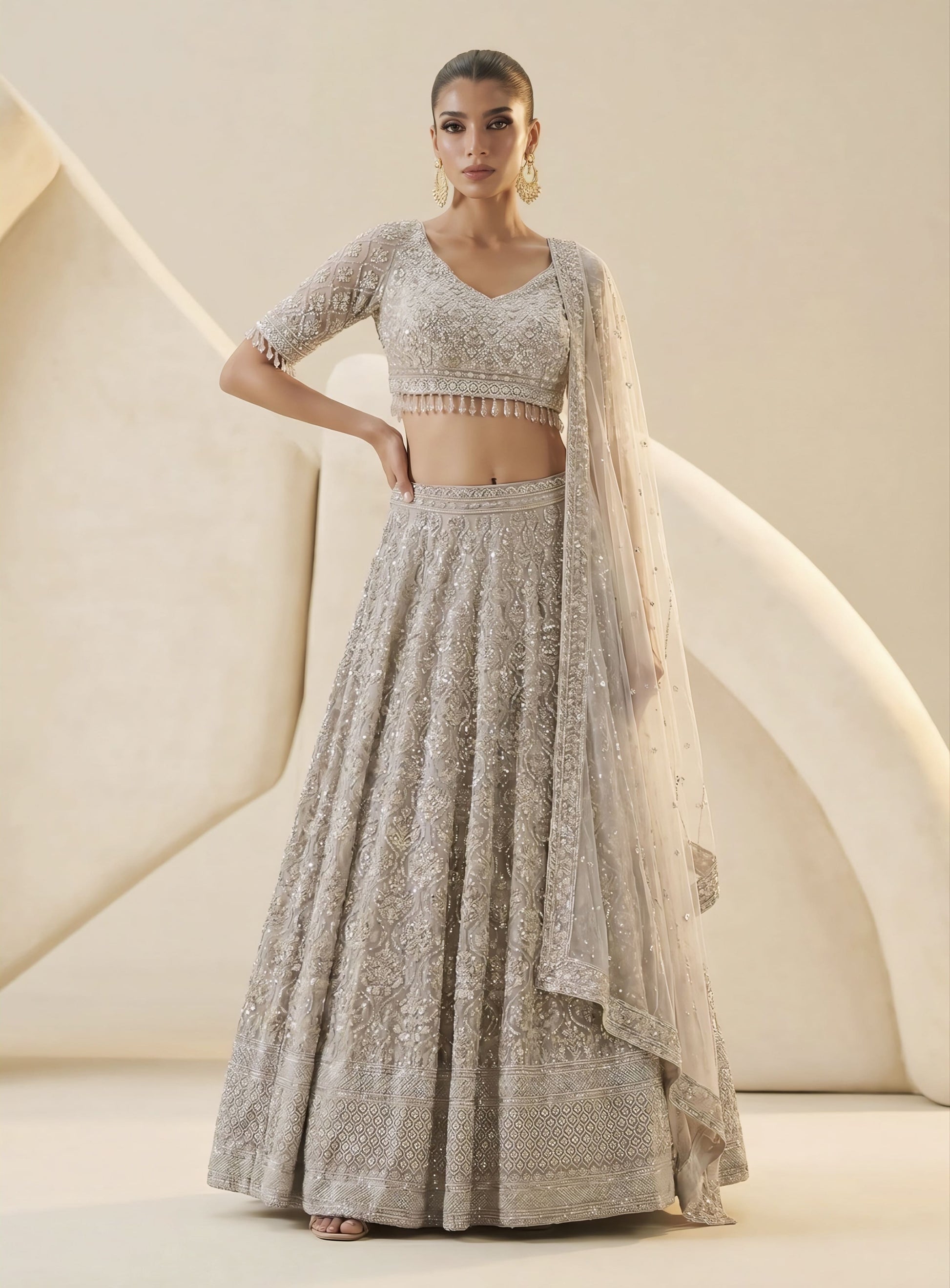 Grey embroidered ready blouse with multicolor Chinnon lehenga