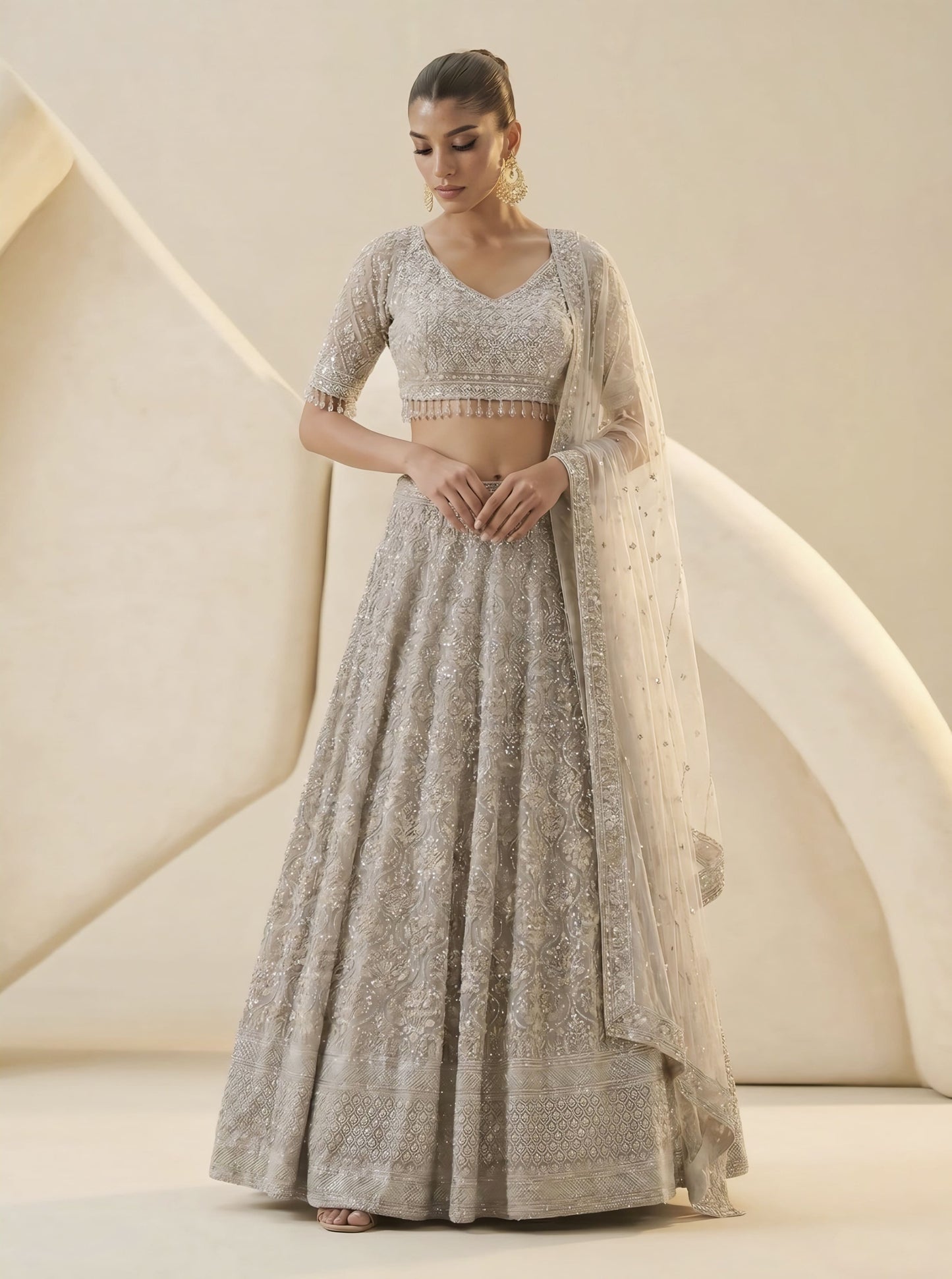 Grey Embroidered Ready Blouse with Multicolor Chinnon Festive Lehenga