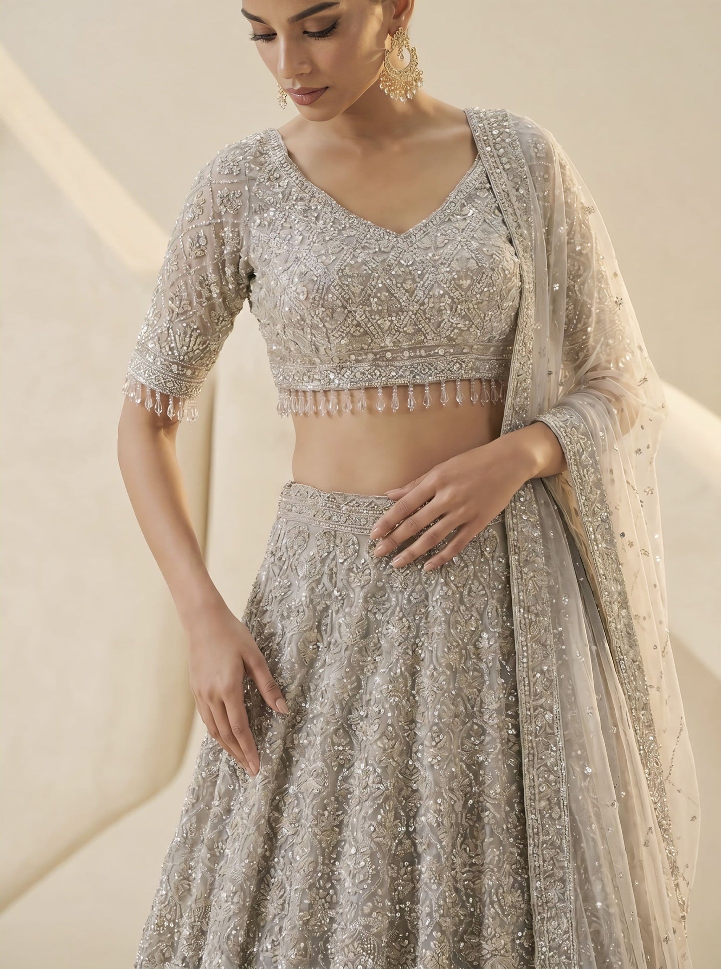 Grey Embroidered Ready Blouse with Multicolor Chinnon Festive Lehenga
