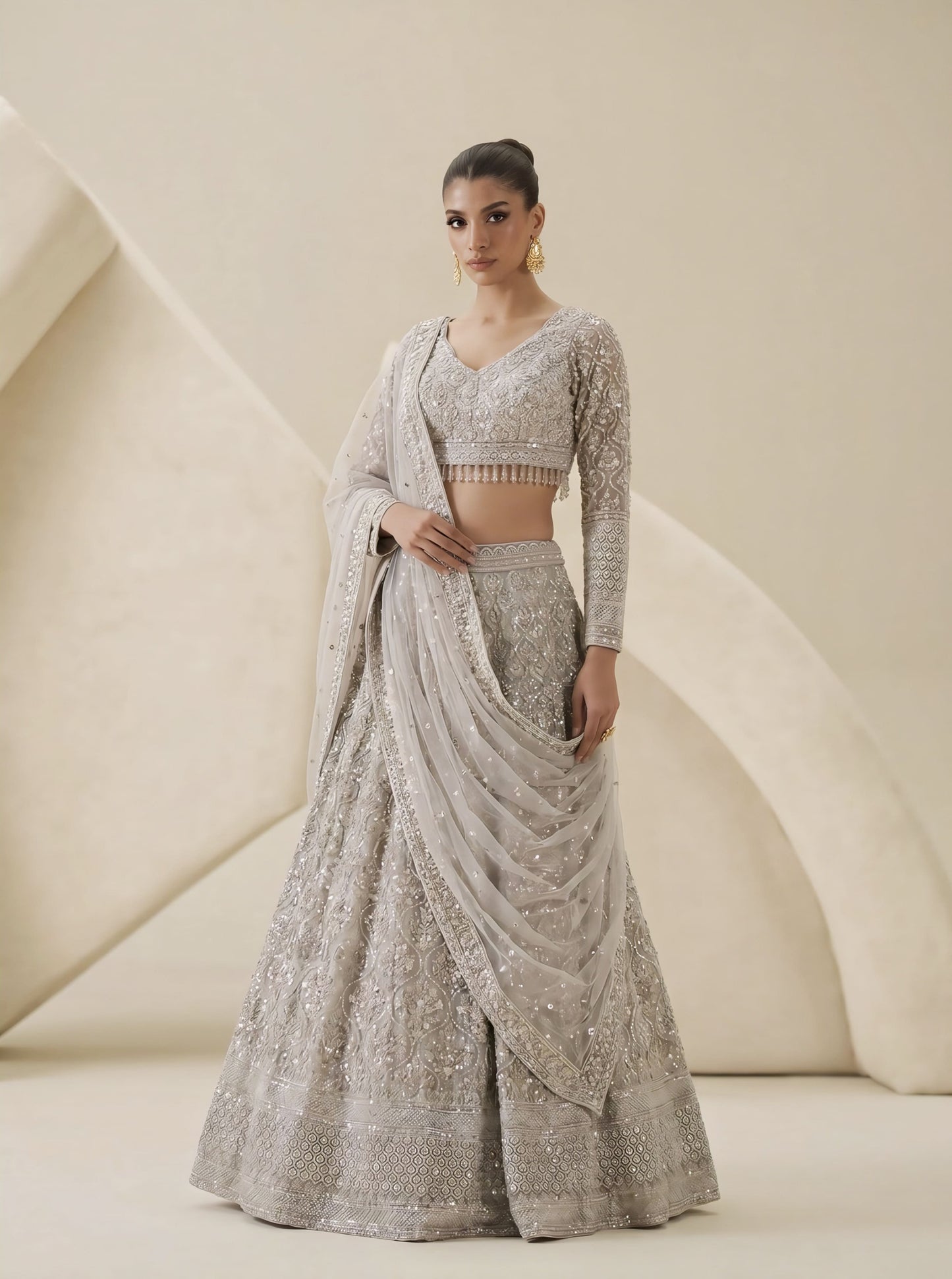 Grey Embroidered Ready Blouse with Multicolor Chinnon Festive Lehenga