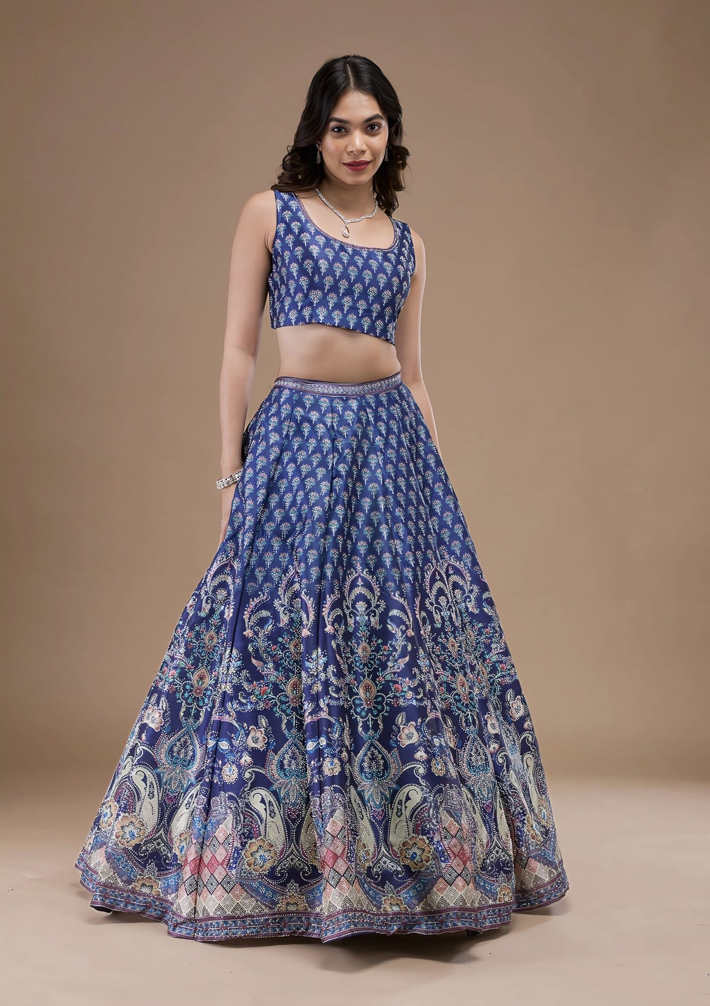 Navy Blue Swarovski Banarasi Readymade Lehenga with Net Dupatta