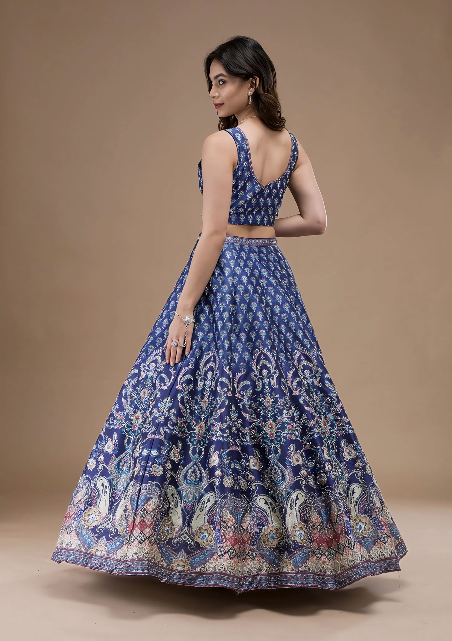 Navy Blue Swarovski Banarasi Readymade Lehenga with Net Dupatta
