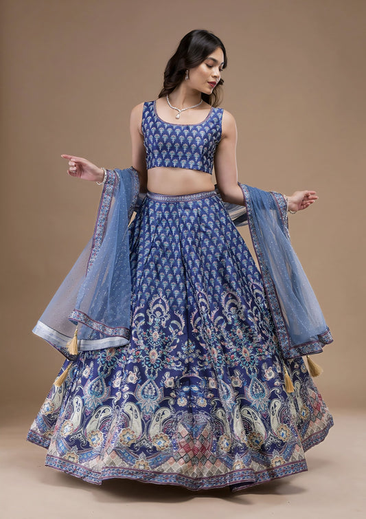 Navy blue Swarovski Banarasi readymade lehenga for women