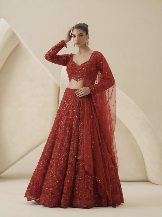 Red embroidered ready blouse with lehenga for wedding wear