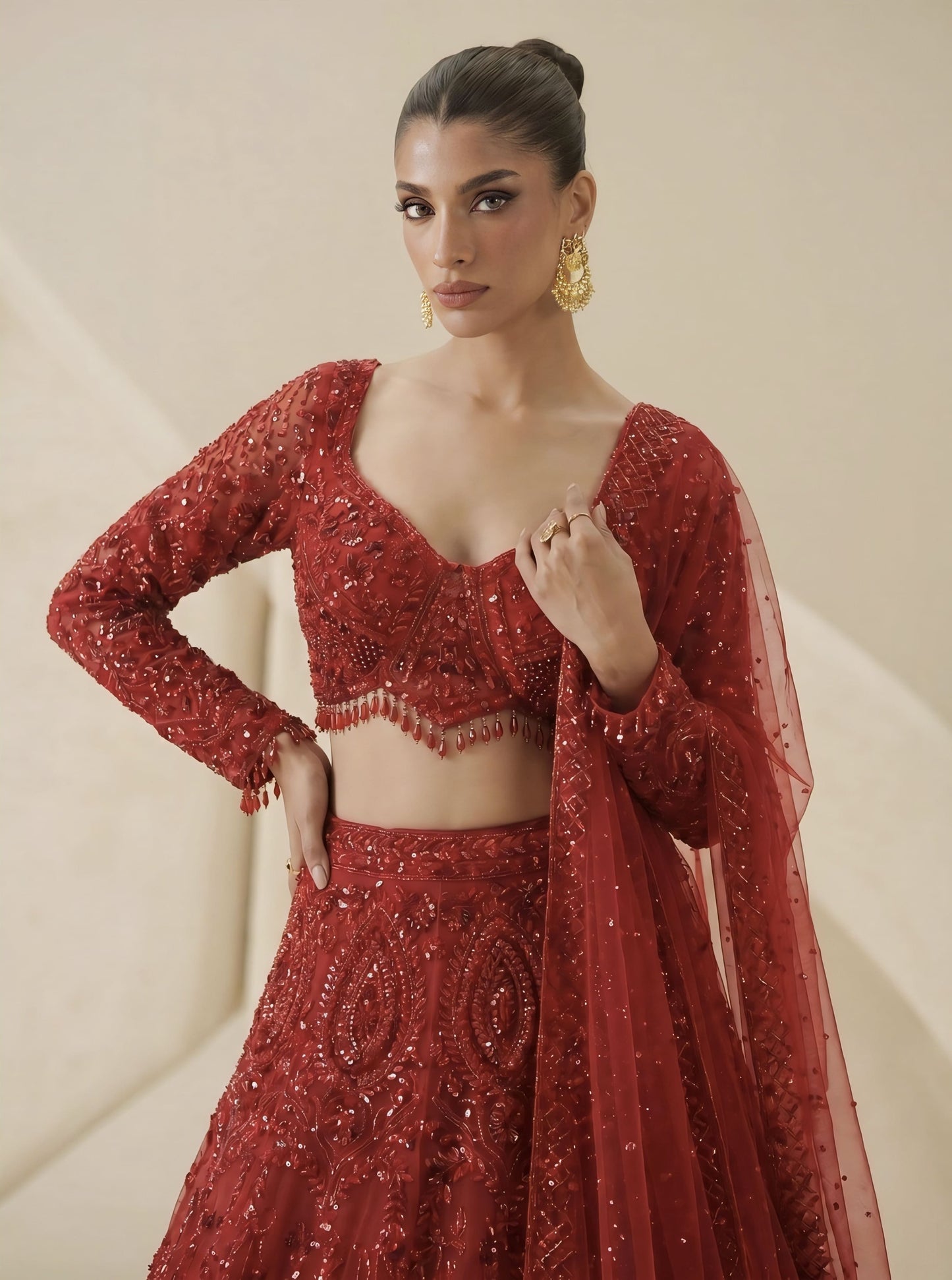 Red Embroidered Ready Blouse with Designer Lehenga and Net Dupatta