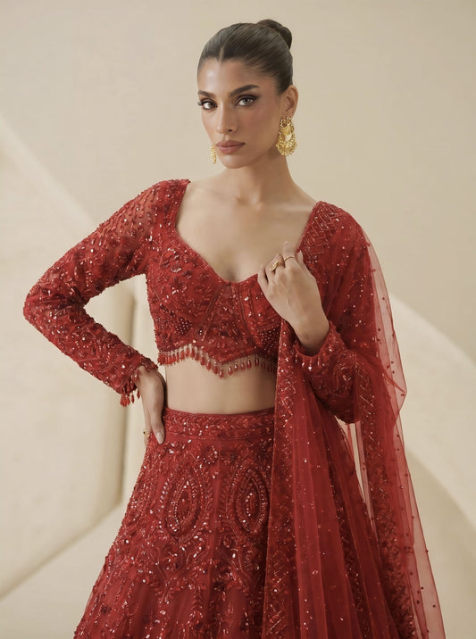 Red Embroidered Ready Blouse with Designer Lehenga and Net Dupatta