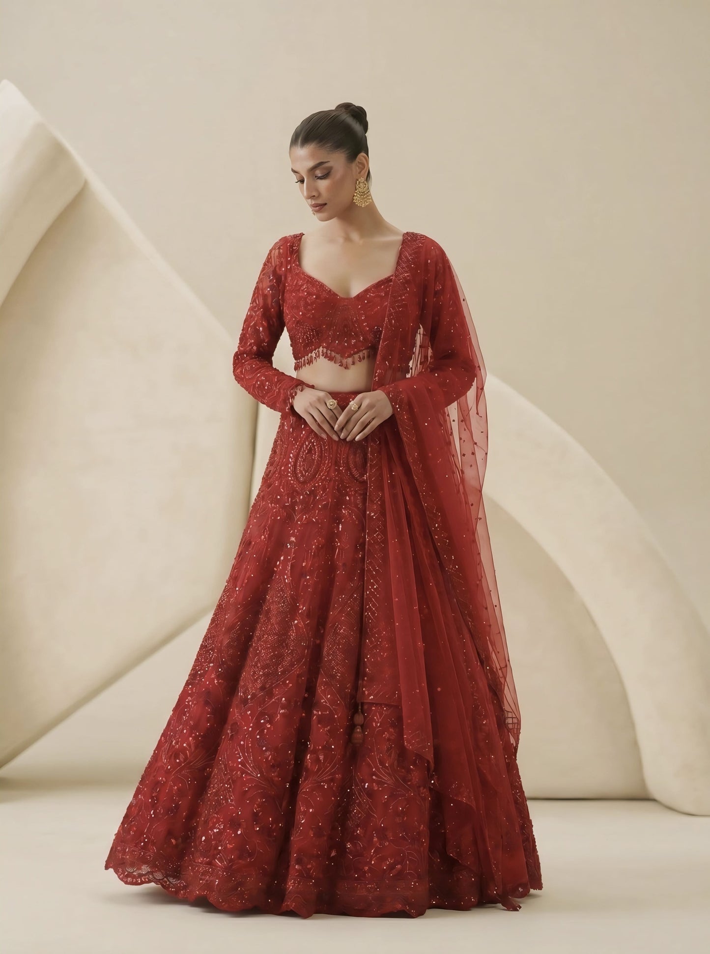Red Embroidered Ready Blouse with Designer Lehenga and Net Dupatta