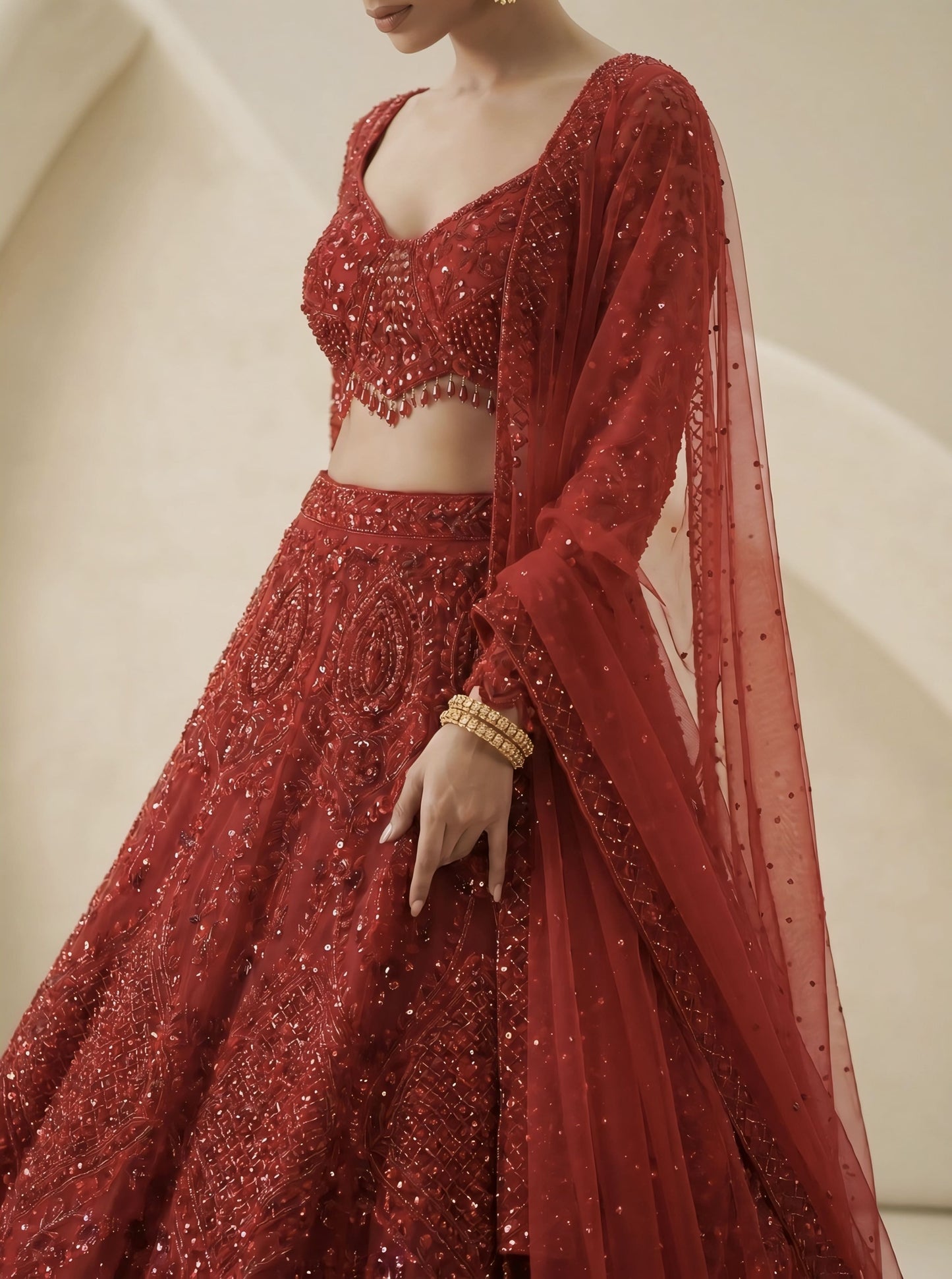 Red Embroidered Ready Blouse with Designer Lehenga and Net Dupatta