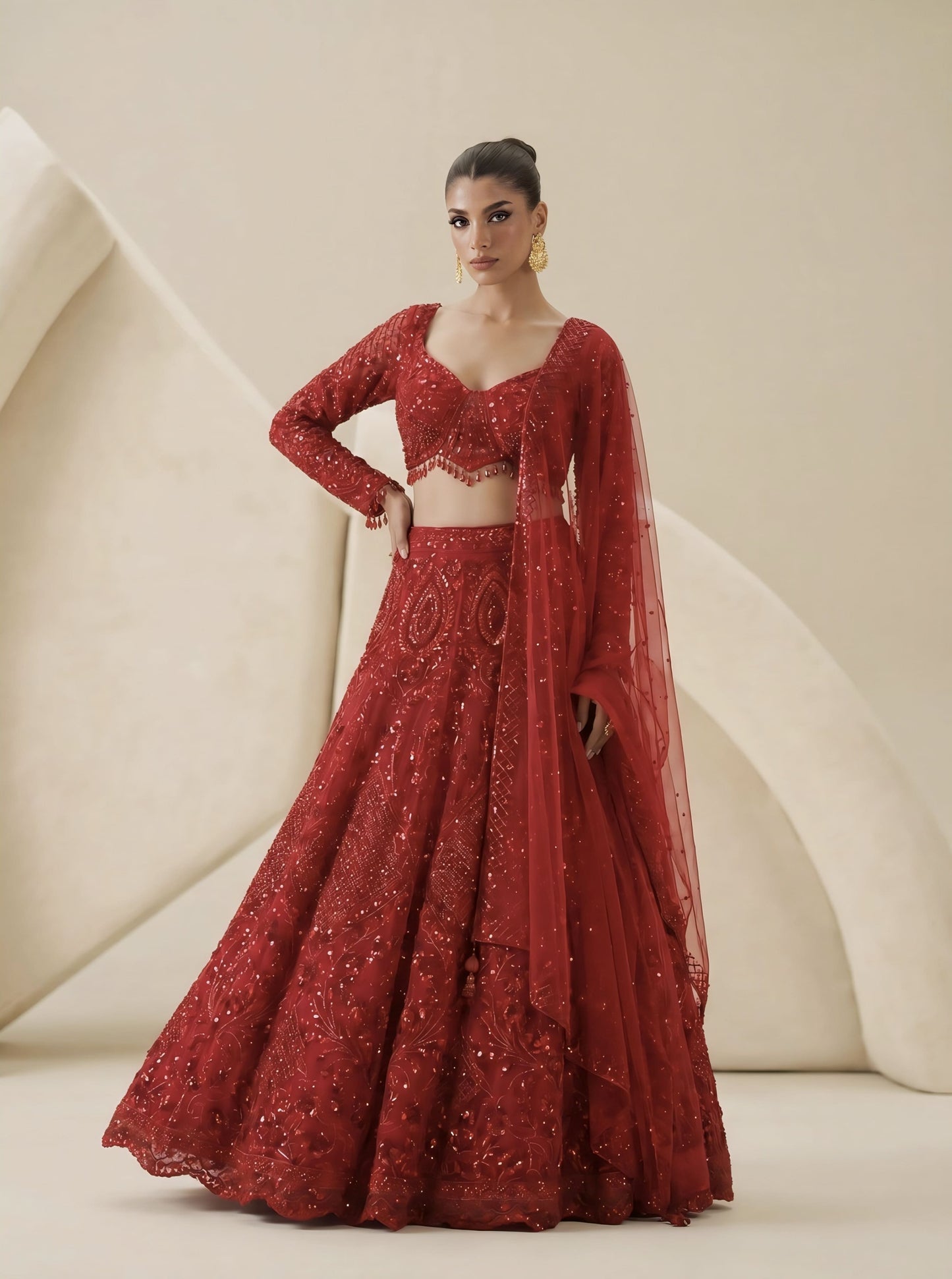 Red Embroidered Ready Blouse with Designer Lehenga and Net Dupatta