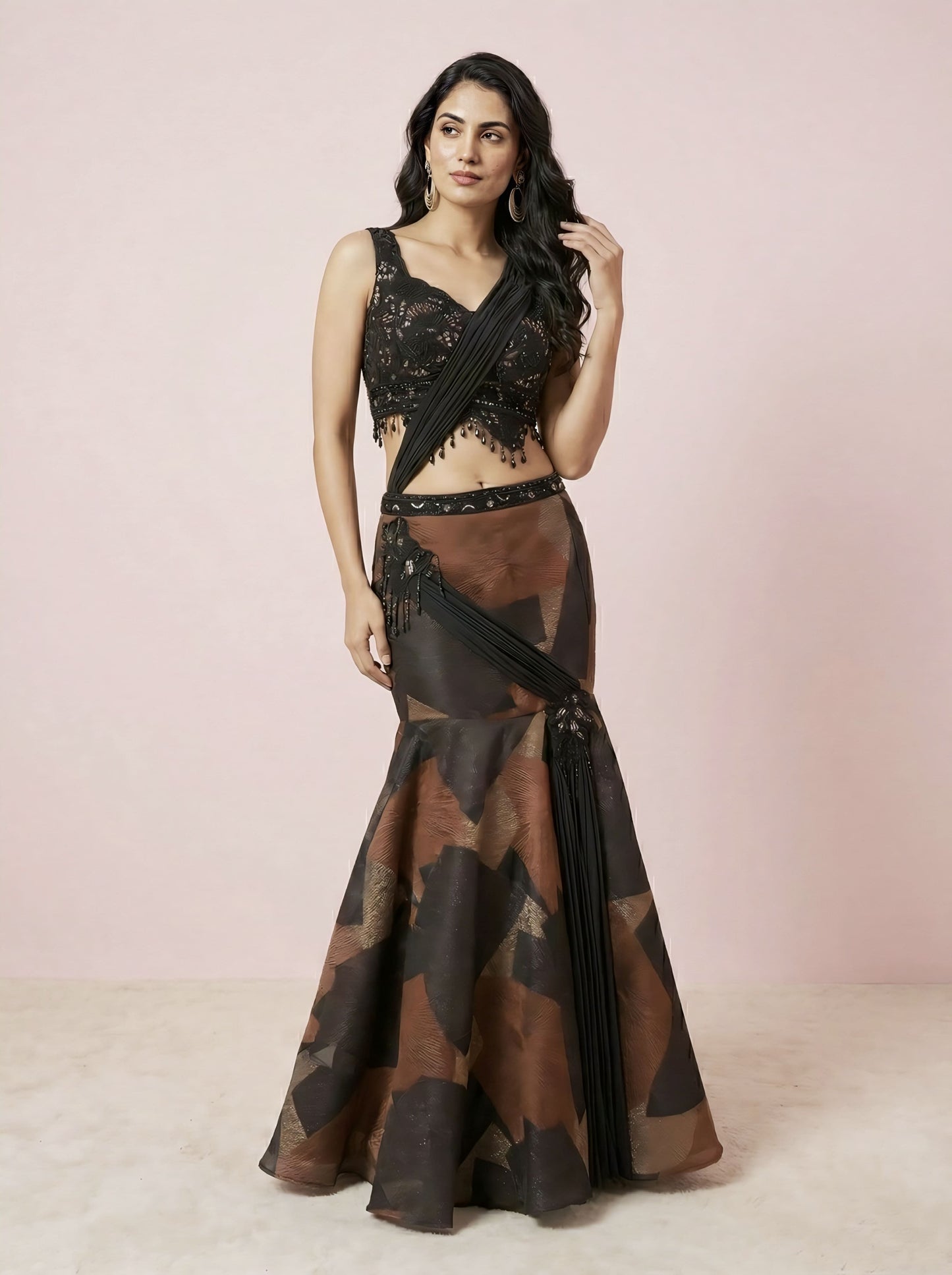 Brown and black organza festive lehenga for women