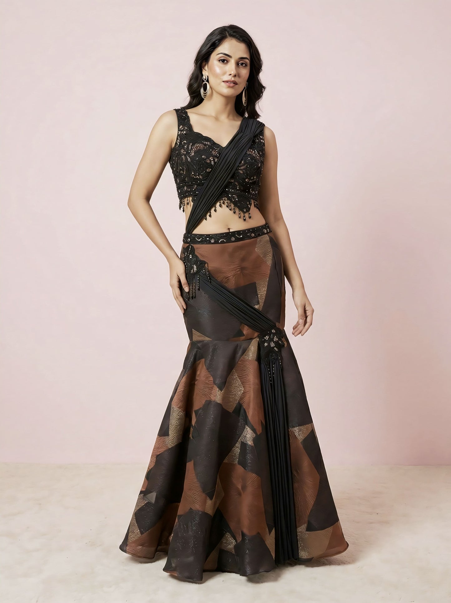 Brown & Black Organza Festive Lehenga with Embroidered Sleeveless Blouse