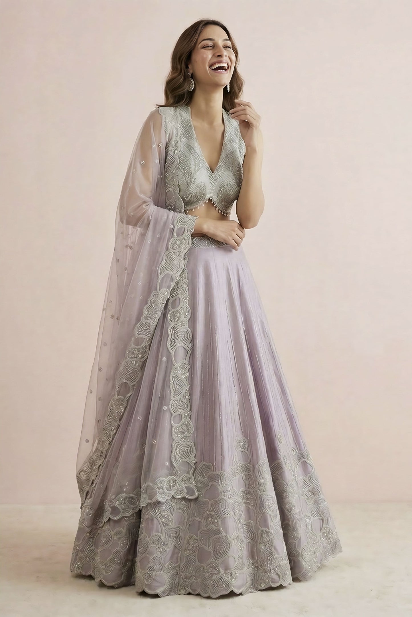 Lilac Designer Embroidered Festive Lehenga with Silver Sleeveless Blouse