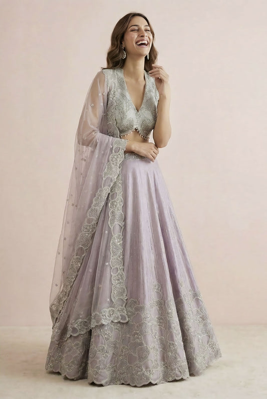 Lilac Designer Embroidered Festive Lehenga with Silver Sleeveless Blouse