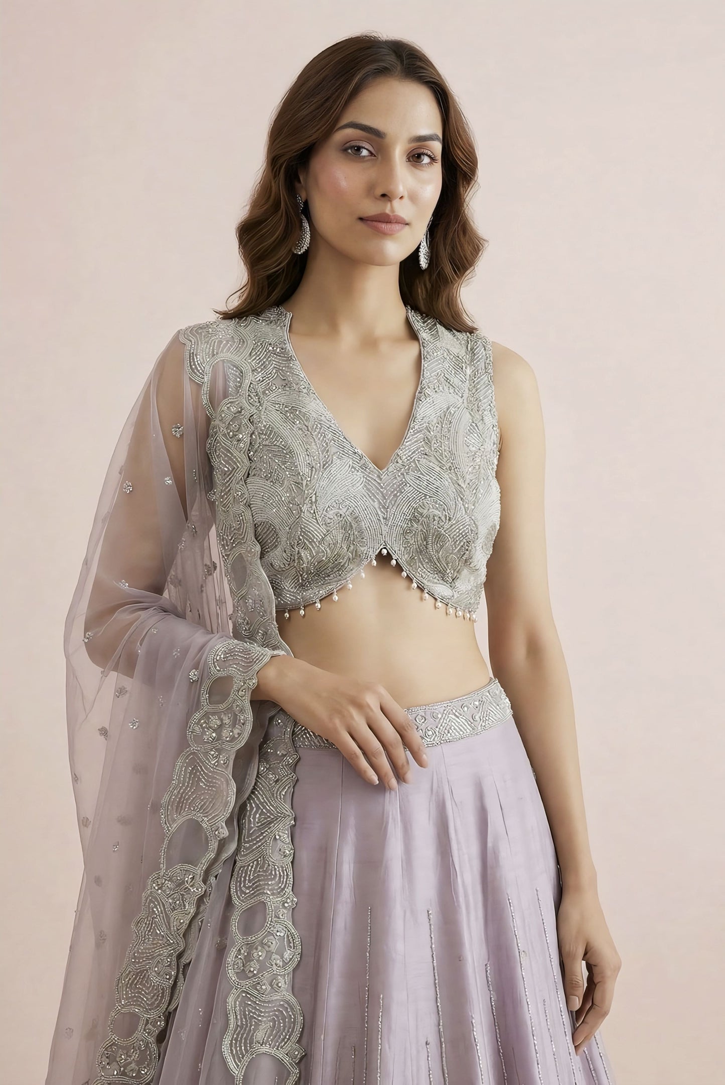Lilac Designer Embroidered Festive Lehenga with Silver Sleeveless Blouse