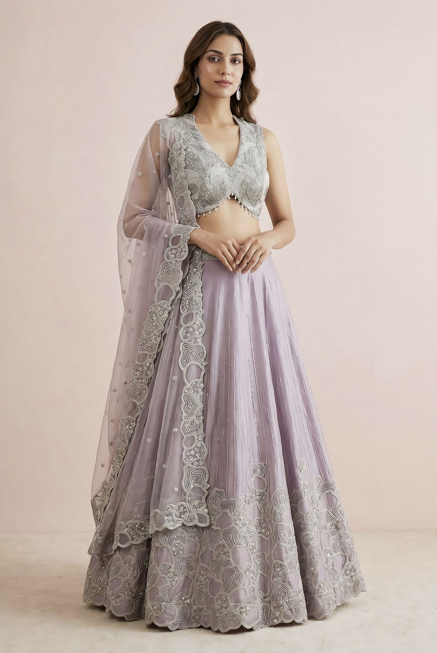 Lilac Designer Embroidered Festive Lehenga with Silver Sleeveless Blouse