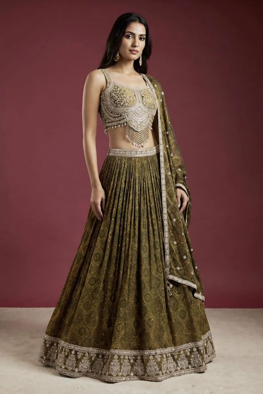Green Bead Embroidered Crepe Reception Lehenga with Semi Sweetheart Neck Blouse