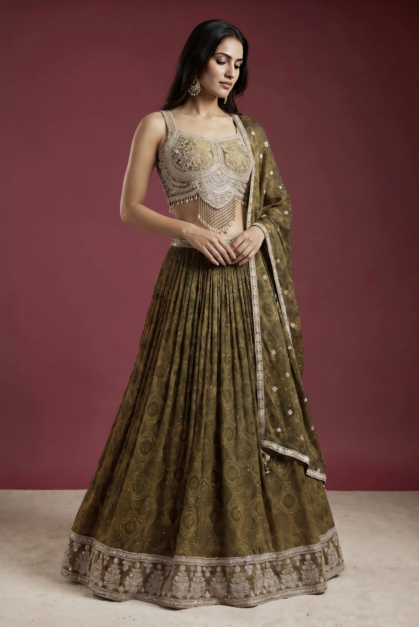 Green Bead Embroidered Crepe Reception Lehenga with Semi Sweetheart Neck Blouse