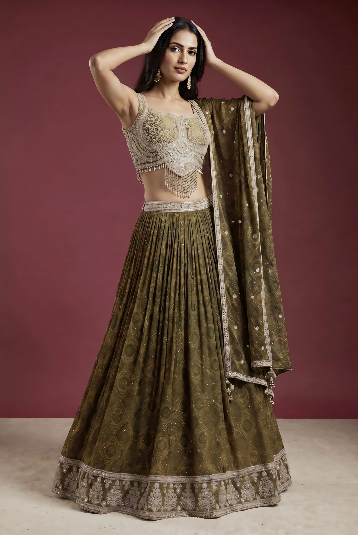 Green bead embroidered crepe reception lehenga for women