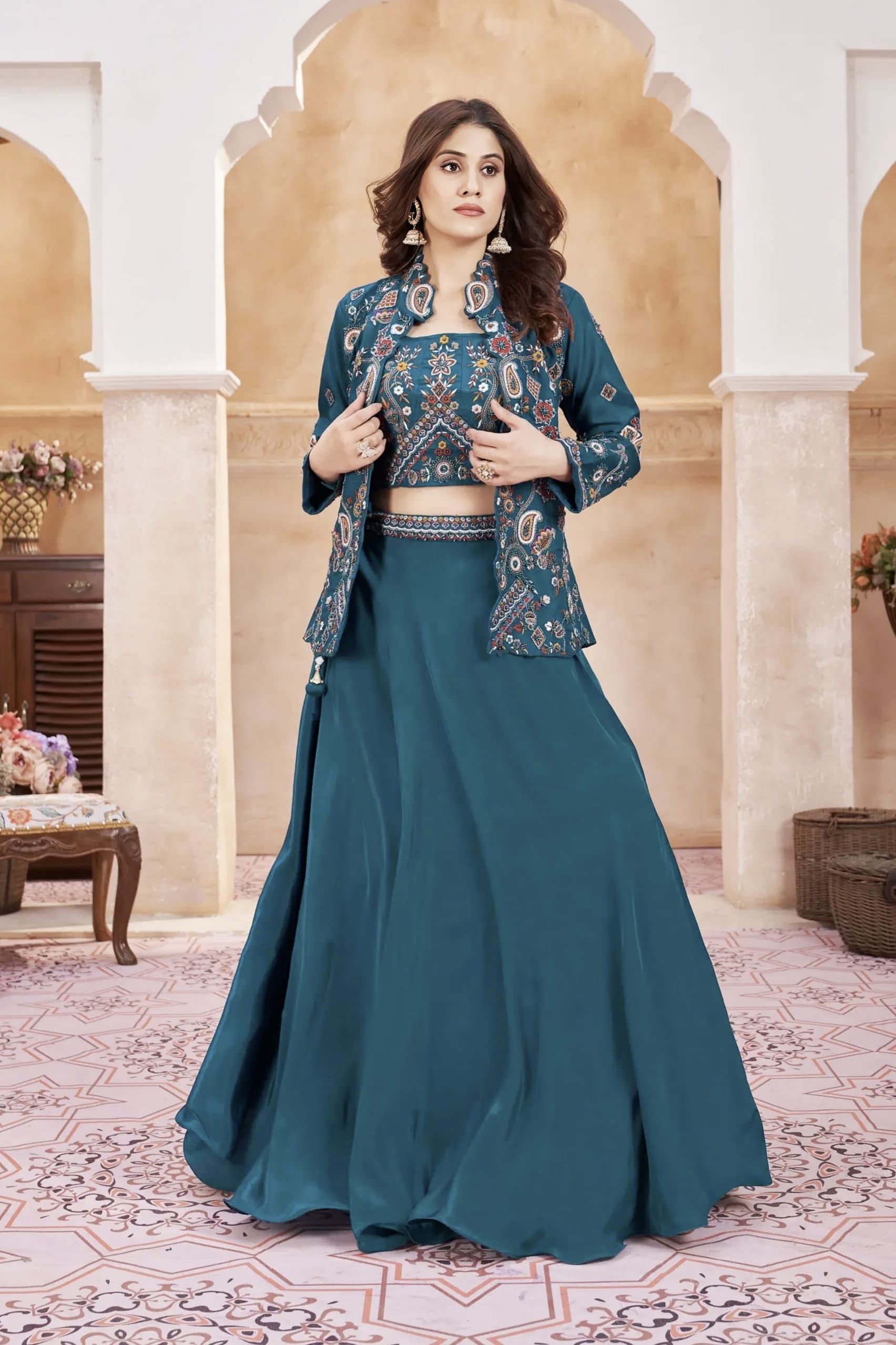 Peacock blue designer crop top lehenga set for women