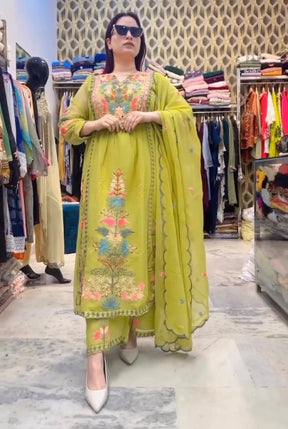 Green Colored Real Mirro Hand Work Pakistani Suit Set Khushbu