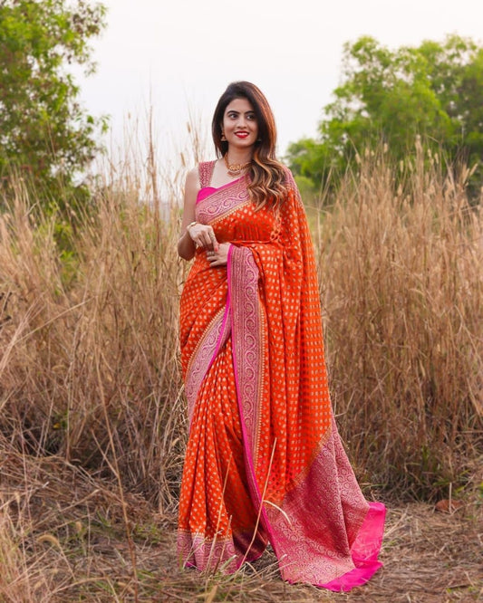 Prettiest Orange Soft Banarasi Silk Saree with Jacquard Weave & Blouse Piece