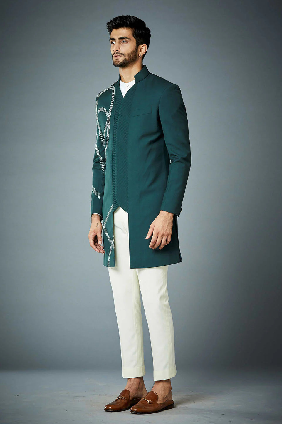 Modern Teal Green Sherwani for Men with Geometric Threadwork