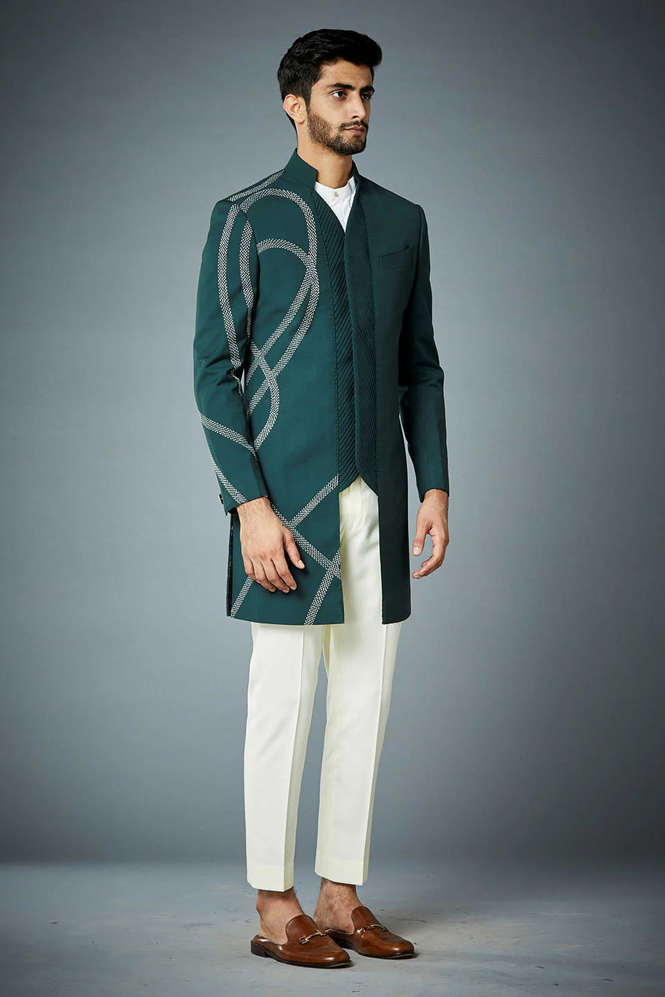 Modern Teal Green Sherwani for Men with Geometric Threadwork