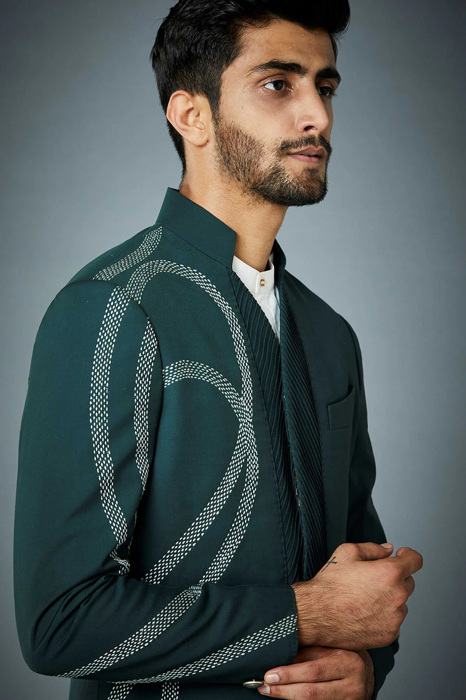 Modern Teal Green Sherwani for Men with Geometric Threadwork