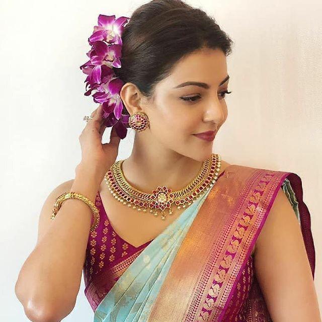 Kajal Aggarwal in Red Traditional Banarasi Silk Saree