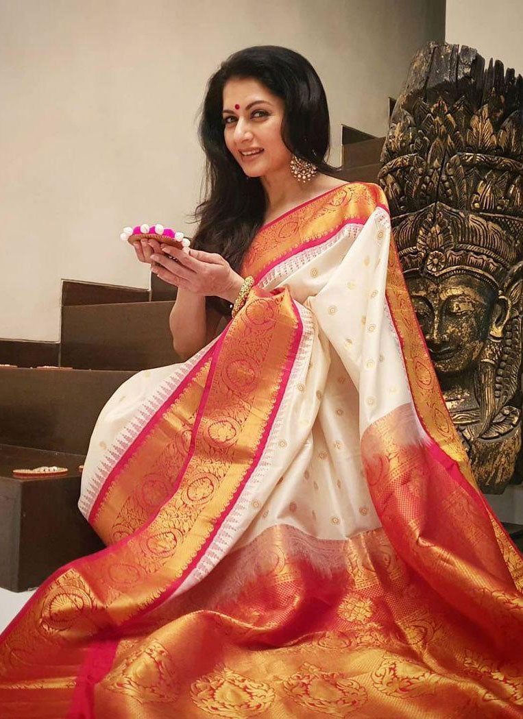 White & Red Soft Lichi Silk Saree With Zari Weaving Work