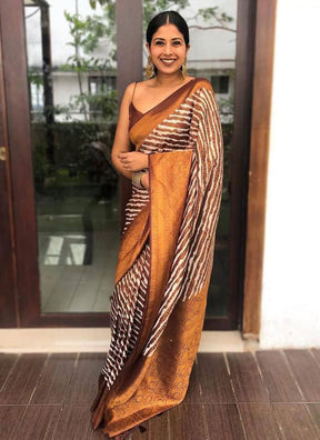 Brown Soft Lichi Silk Striped Saree