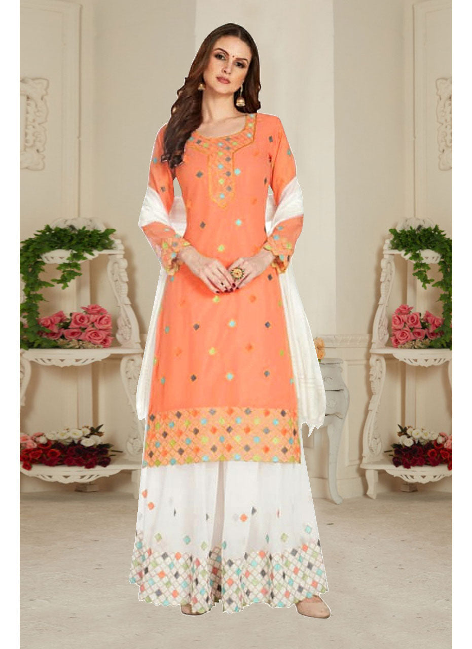 Orange Net With Soft Silk Inner Semi-Stitched Designer Gown Suit