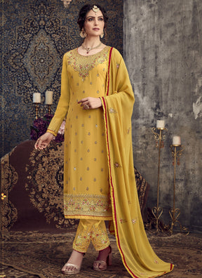 Fancy Georgette with Heavy Embroidery Work Designer Yellow Suit