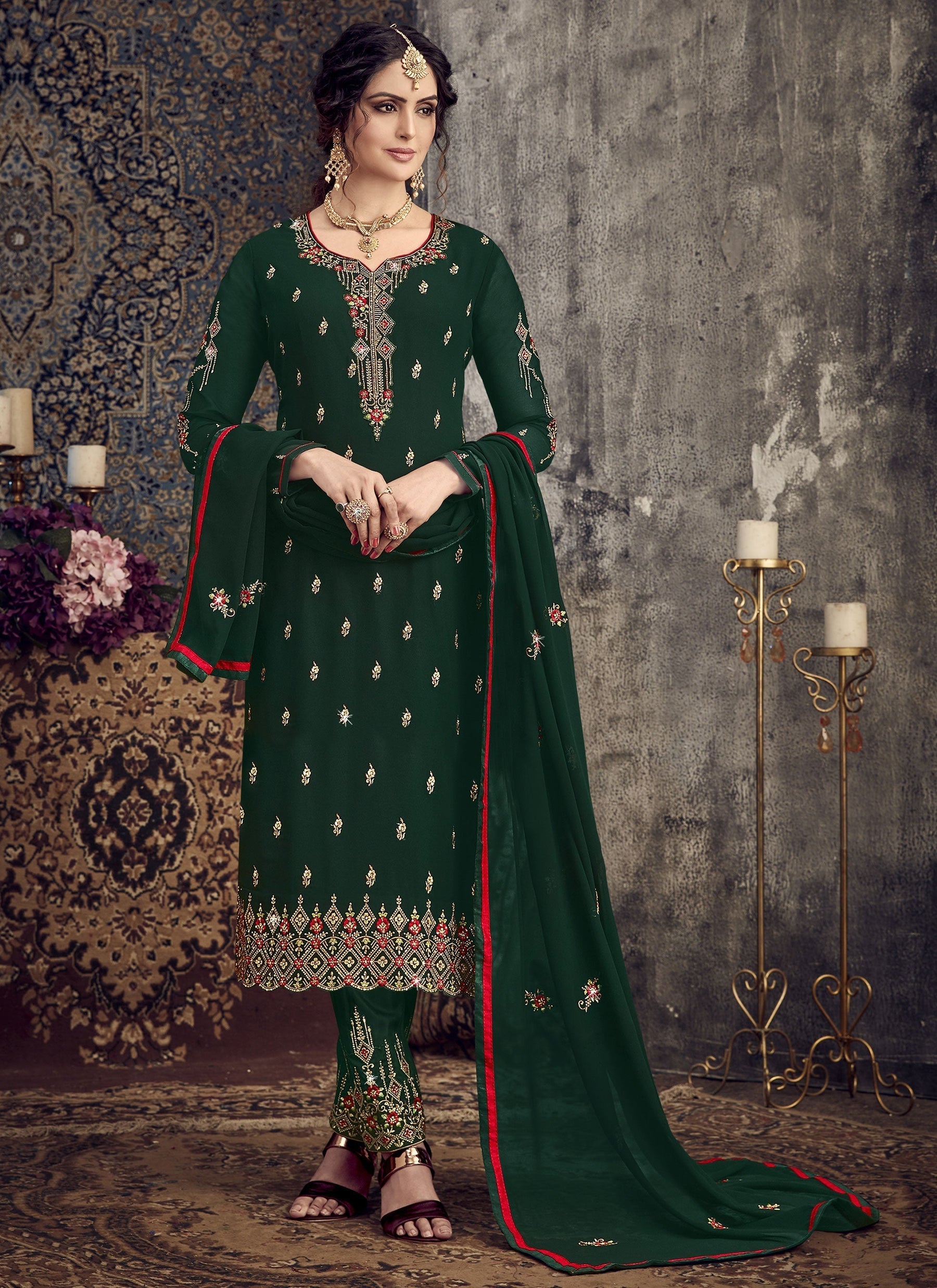 Green Fancy Georgette Suit with Heavy Embroidery