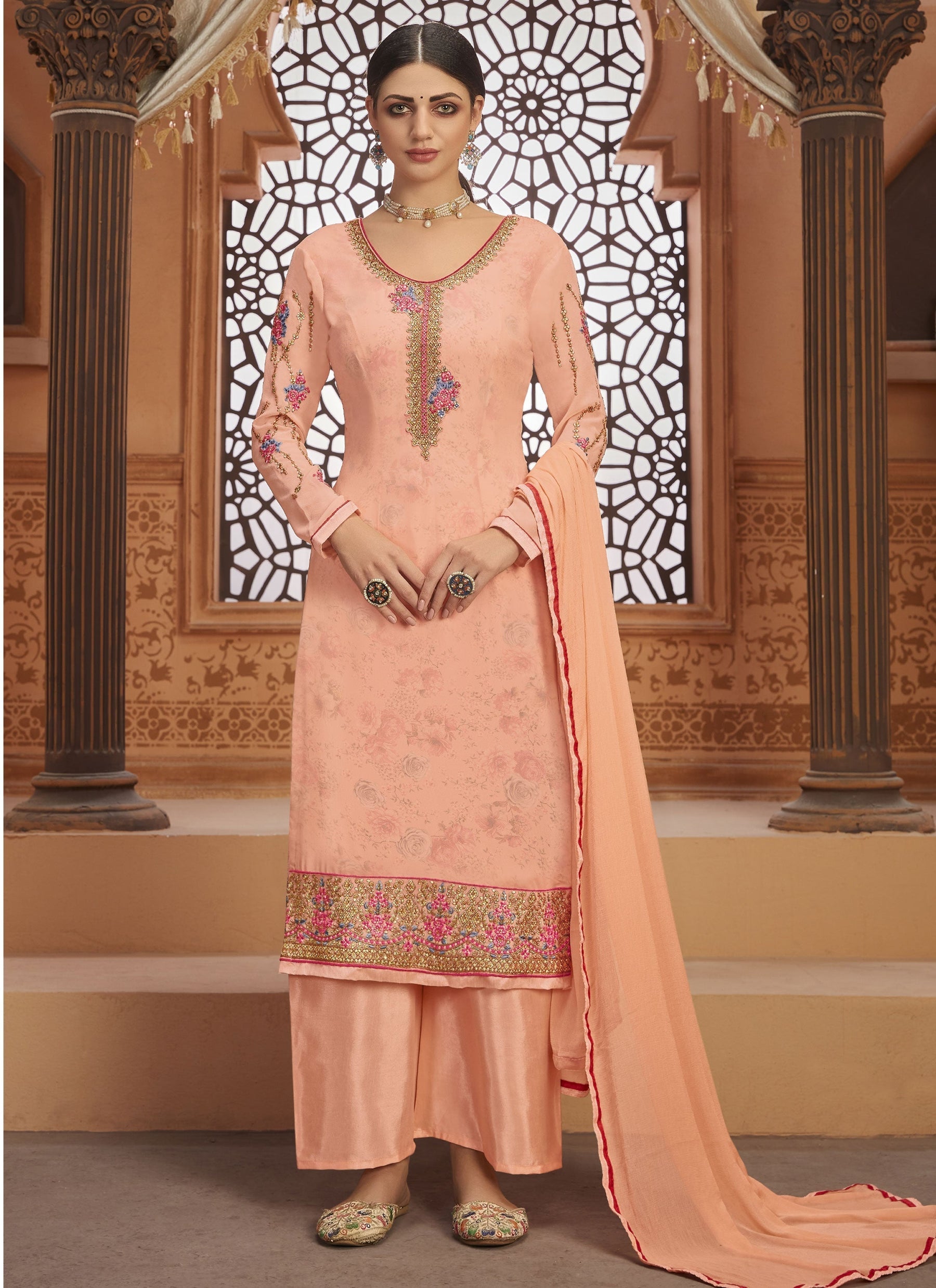 Peach Georgette with Heavy Embroidery Designer Suit