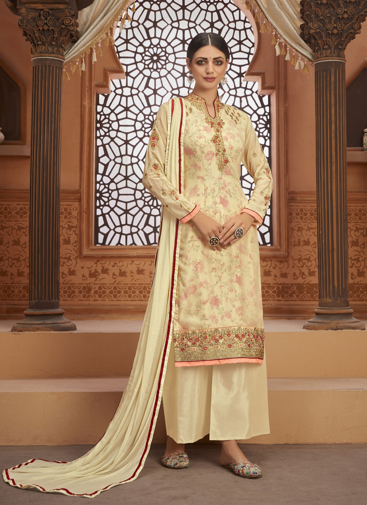 Cream Color Georgette with Heavy Embroidery Designer Suit