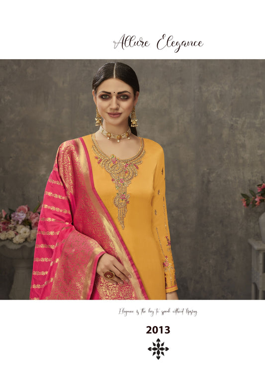 Japan Satin with Heavy Embroidery Designer Yellow Salwar Suit