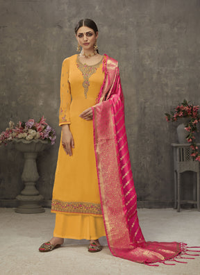 Japan Satin with Heavy Embroidery Designer Yellow Salwar Suit