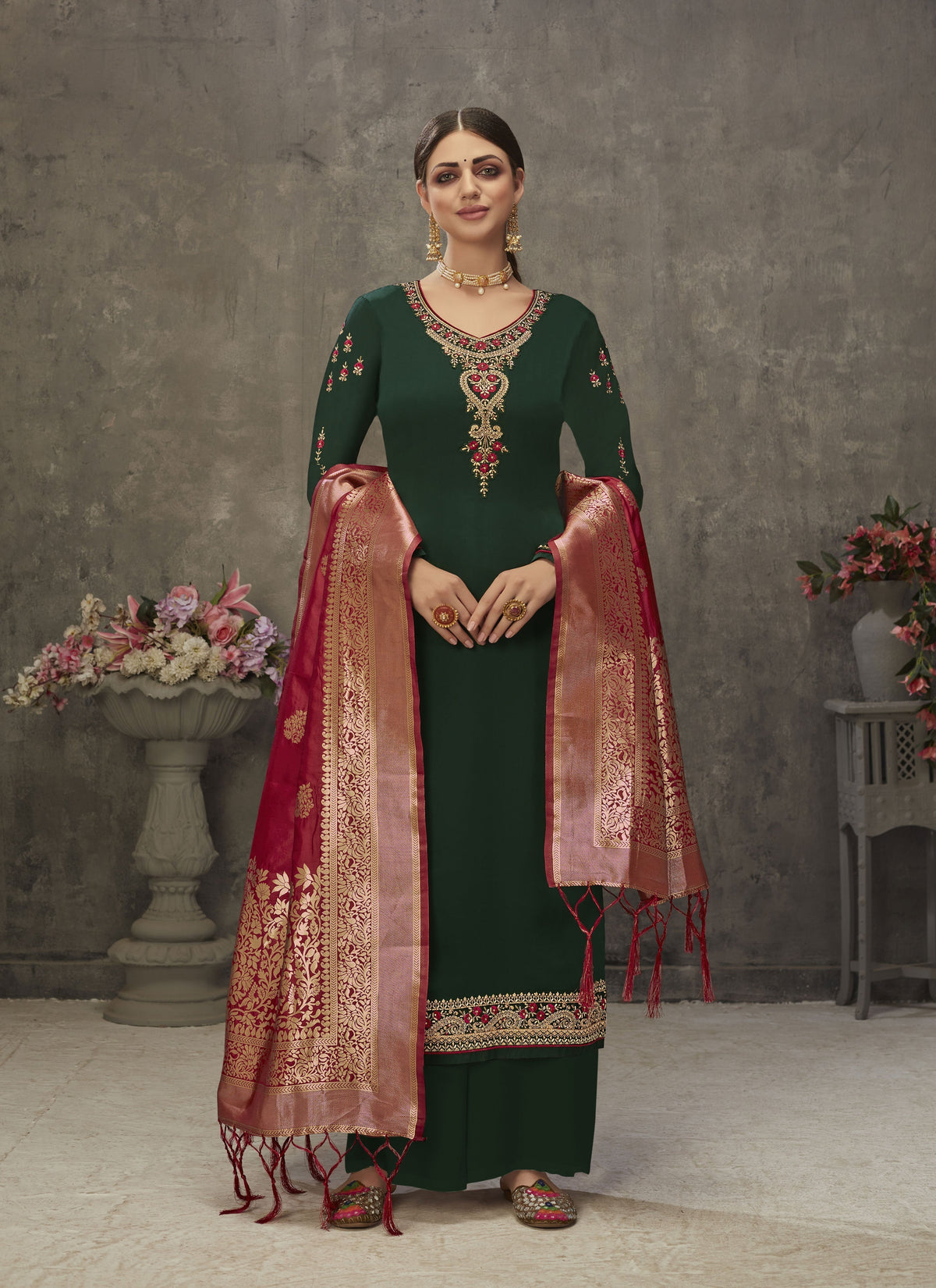 Green Japan Satin With Heavy Embroidery Designer Suit