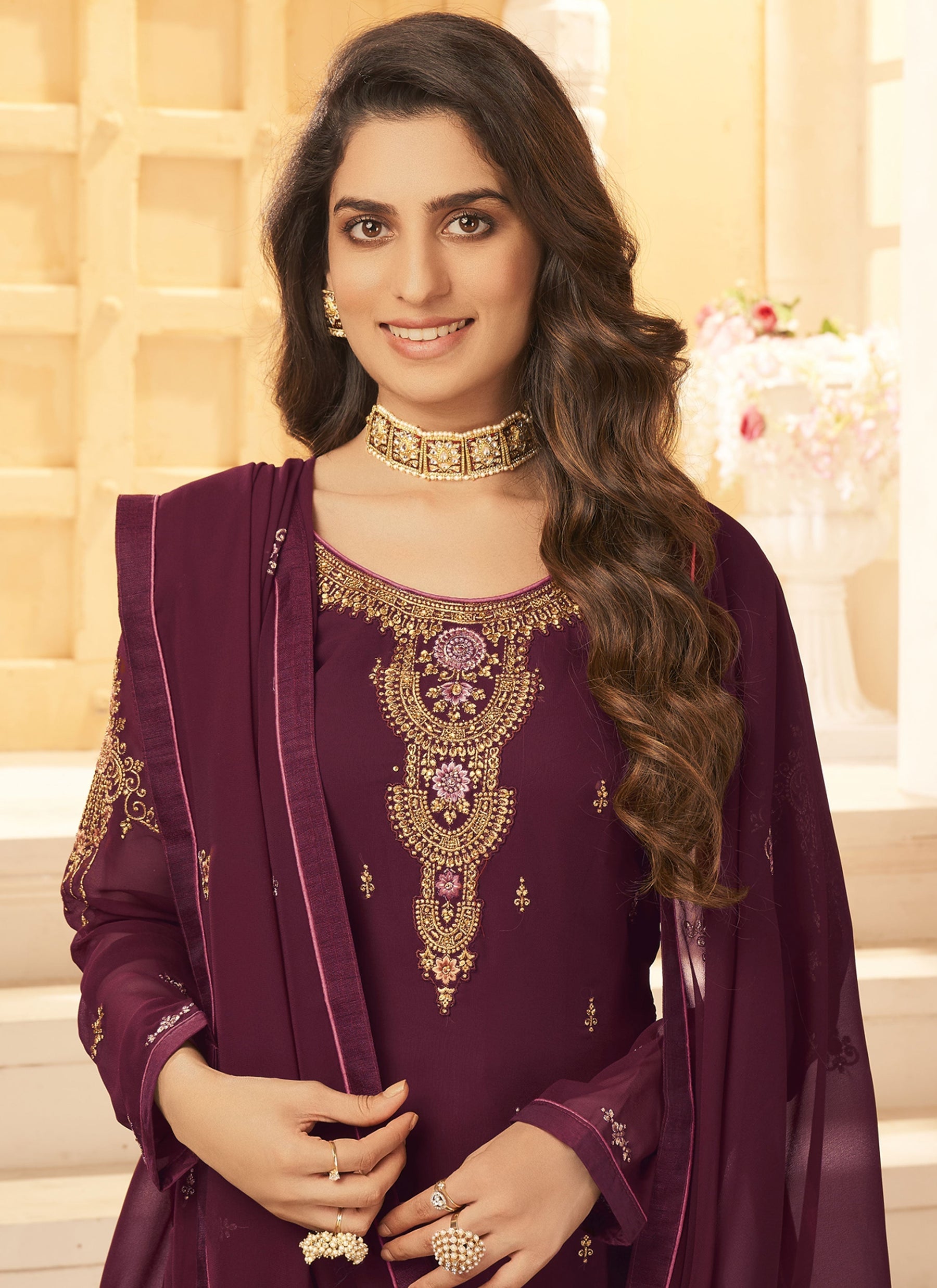 Purple Georgette Designer Suit with Heavy Embroidery