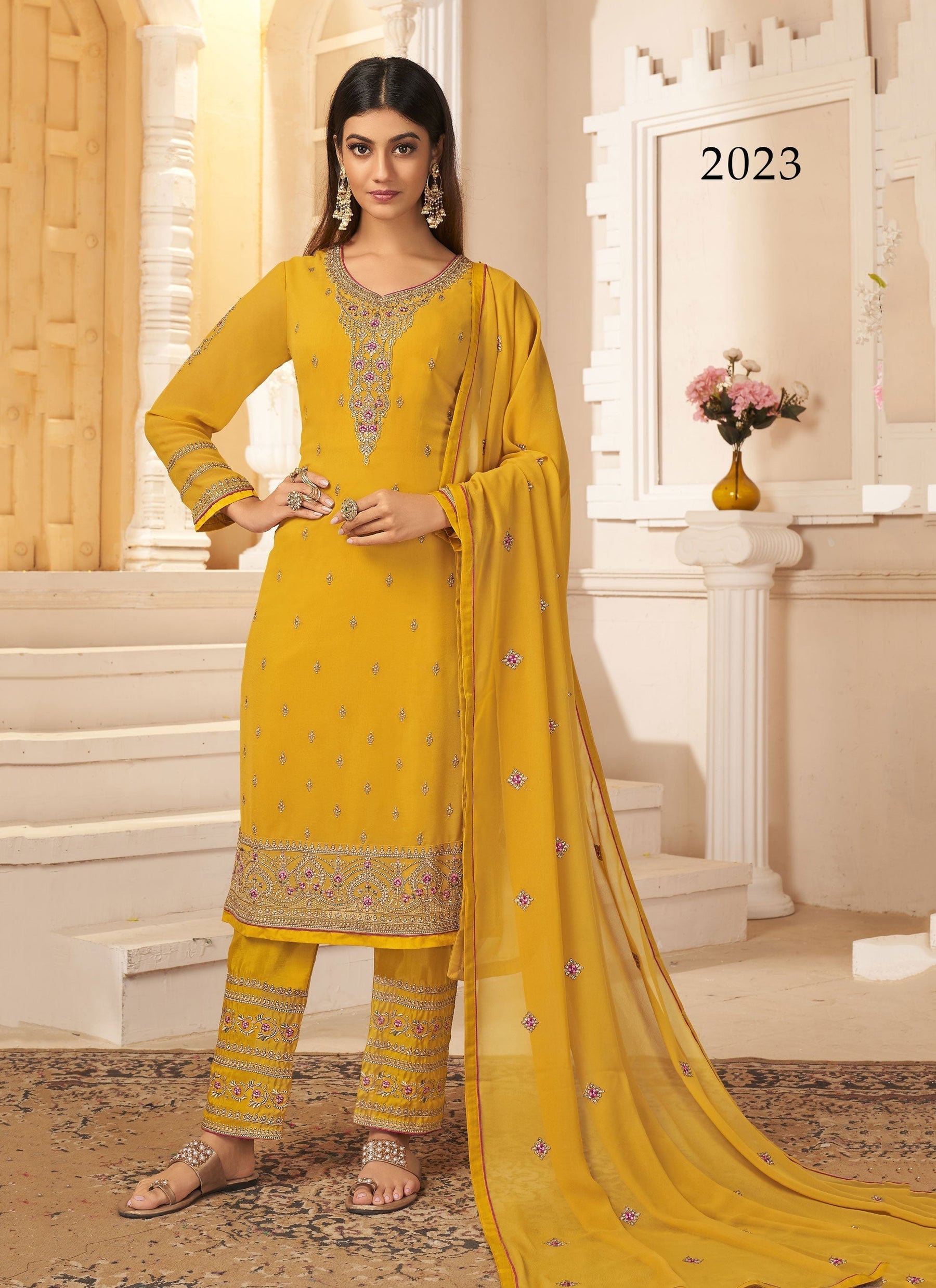 Yellow Georgette with Heavy Embroidery Designer Suit