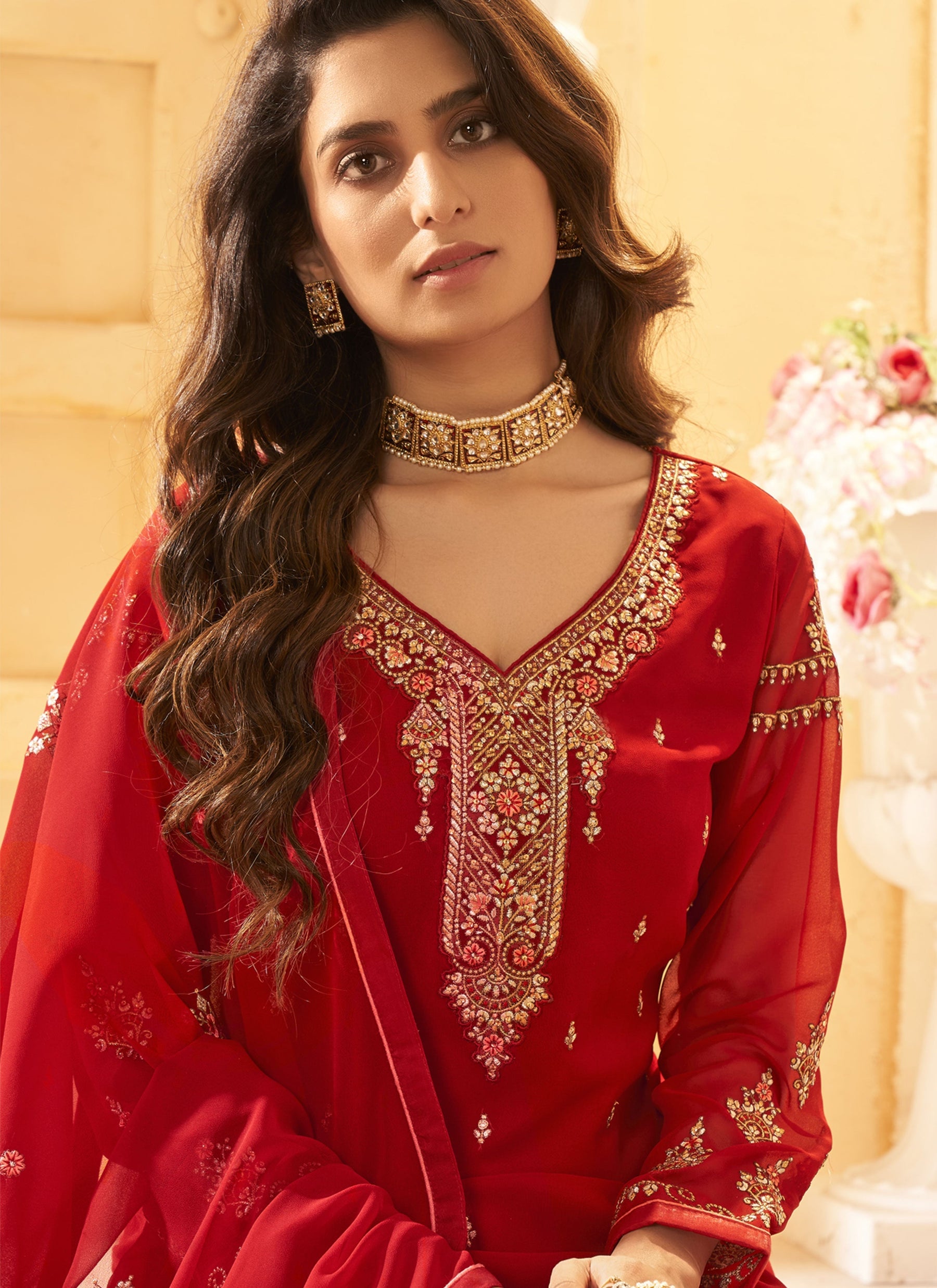 Red Fancy Lifestyle Georgette with Heavy Embroidery Designer Suit