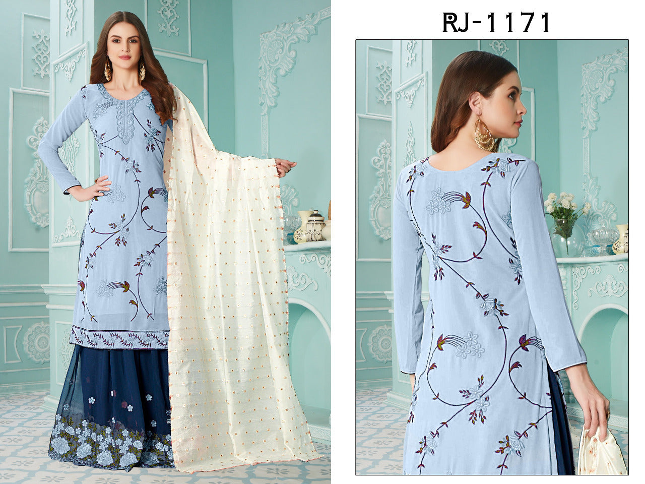 Blue Fancy Georgette With Soft Silk Inner Semi-Stitched Designer Gown Suit